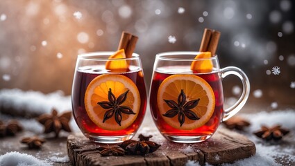 &ldquo;Spiced winter drink in glass mugs with snowy cozy setting &mdash; AI-generated&rdquo;