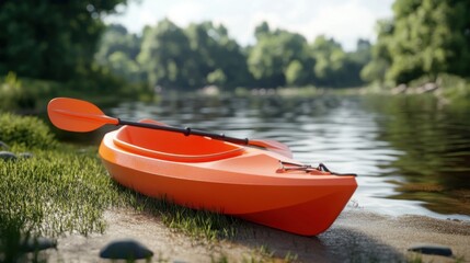 Orange kayak with paddle resting on shore near water
