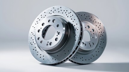 Two used car brake rotors with holes for cooling on a gray background