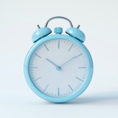 A light blue analog alarm clock with white face on white background