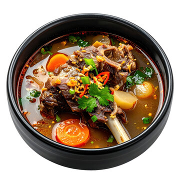 Traditional indonesian sop buntut, a clear oxtail soup with potatoes, carrots, and aromatic spices, served hot, isolated on white background