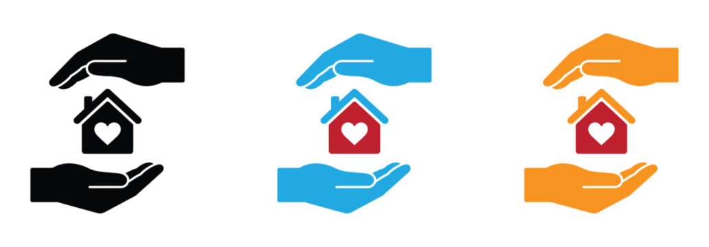 Home care concept. Hands holding home with heart inside. Hands protecting house with heart icon set. Shelter, roof, hospice icon. Estate property sign. House care, insurance symbol. 