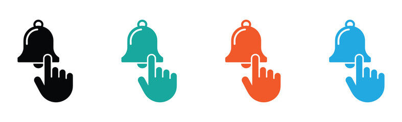 Click bell icon. Finger click the bell. Set of notification bell click icons in various colors. Simple design. Line vector. Isolate on white background.
