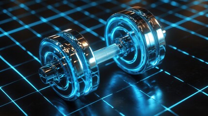 Glowing blue neon dumbbell on futuristic grid background with technology elements