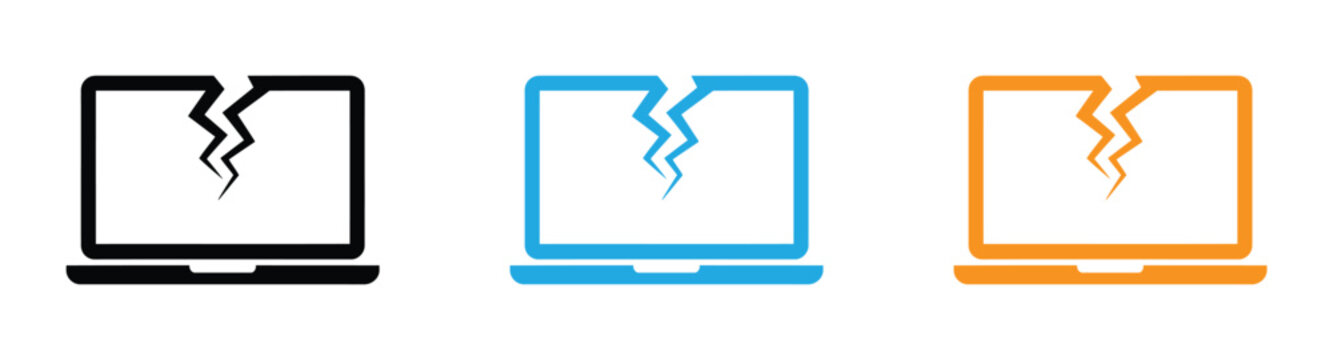 Broken laptop screen icon set in three colors. Broken laptop icon with a cracked screen for a damaged computer A symbol for an error crash problem or hardware failure needing repair service. 