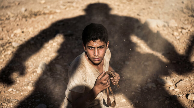 Biblical scene of young David holding a sling while facing the giant shadow of Goliath. Concept of courage, faith and overcoming challenges against the odds.