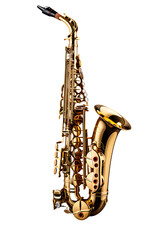 Obraz premium Alto saxophone with golden lacquer finish, detailed keys, black mouthpiece, Isolated to Transparent Background