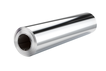Aluminum foil roll with shiny metallic surface, partially unrolled, Isolated to Transparent Background