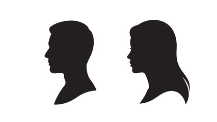 Black Silhouette Profile Views of Man and Woman Facing Each Other, Representing Diverse Concepts Like Partnership, Identity, and Anonymous User Icons on White Background.