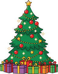 Decorated Christmas Tree with Colorful Gift Boxes and Shiny Ornaments Flat Vector