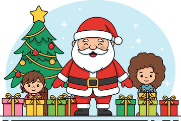 Cute Santa Claus with Children and Colorful Gift Boxes Christmas Cartoon Vector Illustration