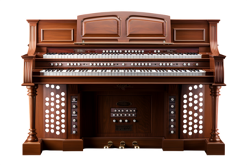 American gospel church organ console with polished wood finish, keys and stops visible, Isolated to Transparent Background