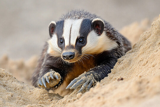 Honey badger digging energetically in sandy terrain to find insects in the wild