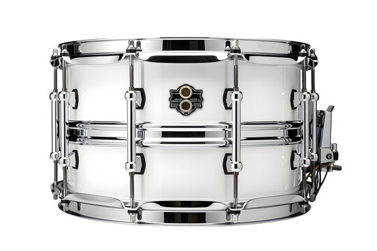 American marching band snare drum with white shell and chrome rims, clean high-detail view, Isolated to Transparent Background
