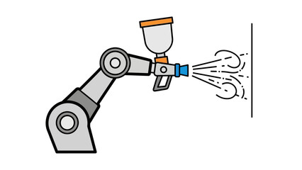 A robotic arm is shown holding a spray gun, applying paint to a vertical surface. This illustrates industrial automation and precision painting.
