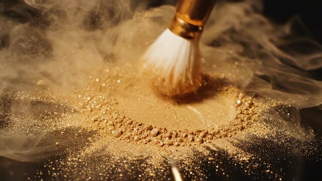 Abstract view of a fine-tipped artistry brush vigorously swirling shimmering golden cosmetic foundation powder creating a smoky cloud texture professional, modern design, macro