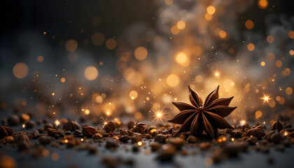 Dark background with black and golden gradients, blurred star anise