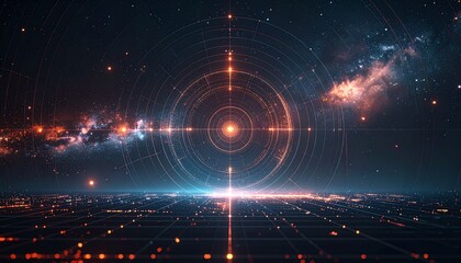 Abstract futuristic digital landscape with glowing target and cosmic nebulae, representing technology, data, and interconnectedness