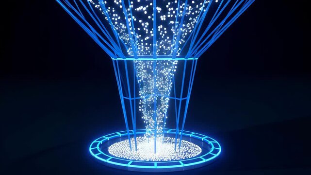 Abstract blue wireframe funnel processing data particles into light beam