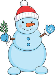 Cute Winter Snowman Character with Red Hat and Mittens Cartoon Christmas Vector Illustration