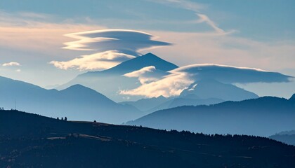 Serene layered mountain range with unique lenticular clouds against a tranquil sky at sunrise or sunset, showcasing atmospheric perspective.