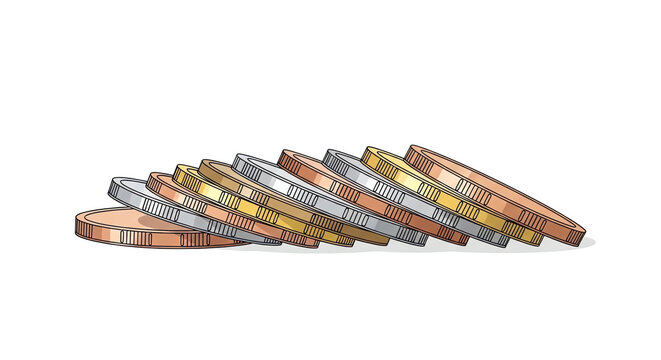 Stacked coins of various metals in flat design on white background  