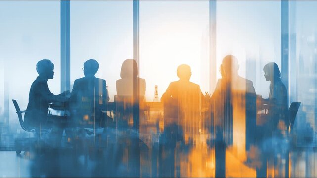 A group of business people in silhouette having a meeting at a boardroom table, with sunlight coming through the window. 