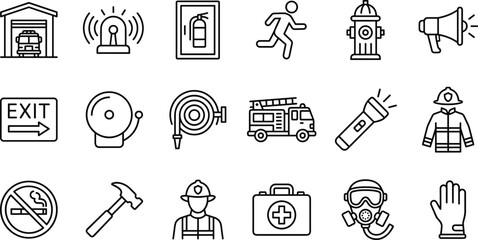 Firefighting emergency icons set with safety equipment tools rescue symbols fire truck hydrant alarm hose firefighter gear evacuation protection elements outline