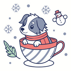 Cute SVG of a Loving Australian Shepherd in Winter Wonderland colors, featuring in a teacup in a Winter setting