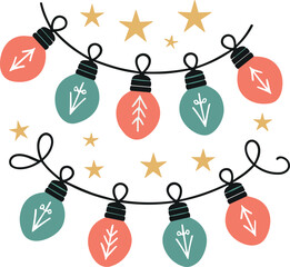 Festive Christmas Light Garland with Colorful Bulbs and Golden Stars Flat Vector Illustration