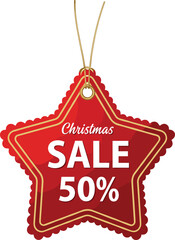 Festive Christmas Sale 50 Percent Off Star-Shaped Price Tag with Red Scalloped Border and Gold Rope Vector.