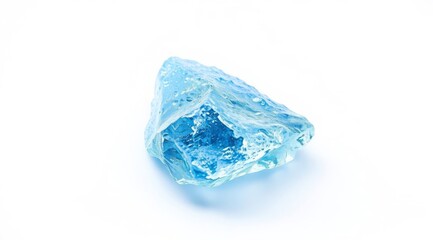 Fototapeta premium A blue transparent piece of ice with a detailed structure, highlighted on a white background. A refreshing visual element for packaging design, banners 