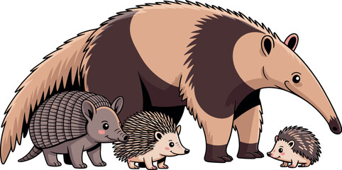 Wild animal illustration set featuring anteater, armadillo, and hedgehogs in cute detailed vector style for nature and wildlife designs