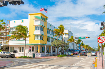 Ocean Drive in Miami Beach under a blue sky
