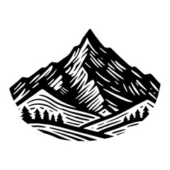 Fototapeta premium Black And White Woodcut Style Mountain Landscape With Pine Trees And Rolling Hills