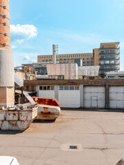 Outdoor industrial part of a building complex.