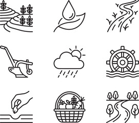 Farming and agriculture icons set showing rice terraces, watering, irrigation, and harvesting