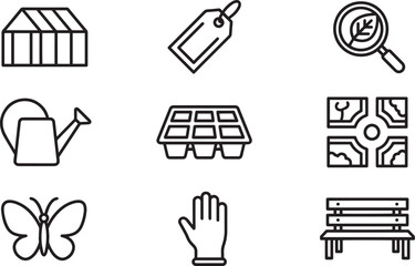 Garden line icons set greenhouse watering can butterfly plant care tools and park bench