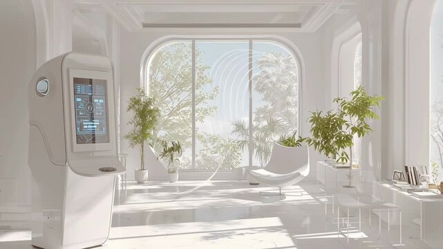 A white room with a white machine in the middle. The machine is a computer monitor. Ai-powered cognitive support interface, pure white environment, ai driven mental health tools