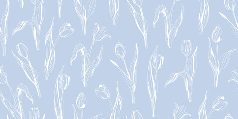 Minimalist tulip outline seamless pattern on soft blue. Delicate tulip line art background.