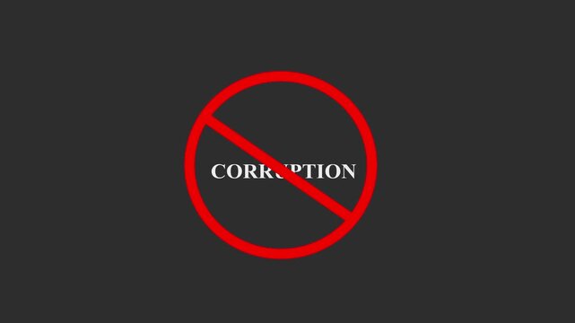 Red prohibition sign with the word corruption crossed out, symbolizing anti-corruption, integrity, and ethical governance