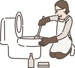 トイレ掃除をする40代女性のイラスト