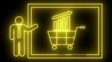Business Growth Concept with Shopping Cart and Graphs in Neon Style