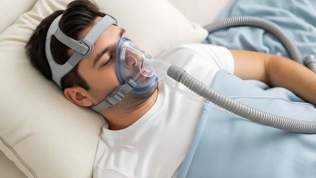 Adult Male Receiving Respiratory Treatment with CPAP Machine
