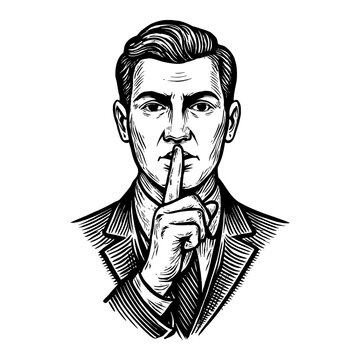 Man In Suit Gesturing For Silence With Finger To Lips Retro Engraving Style Black And White Portrait