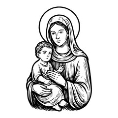 Mother Holding Child With Halo And Outline Artistic Drawing Black And White © Zidan