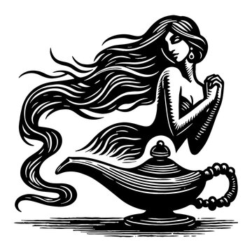 Mysterious Genie Emerging From Oil Lamp Black And White Artistic Illustration Detailed Hair Flowing Wispy Smoke