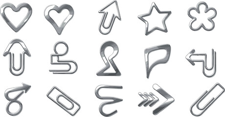 Collection of shaped paper clips, silver metal wire icons including heart star and arrow, vector illustration isolated on white background for stationery.