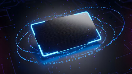 A futuristic glowing credit card or digital device concept with blue light trails on a dark technological background