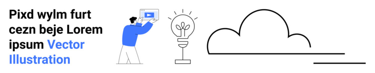 Man holding laptop near glowing light bulb and abstract cloud, representing technology, ideas, innovation, sustainability, remote work, digital solutions. Ideal for tech branding, education simple